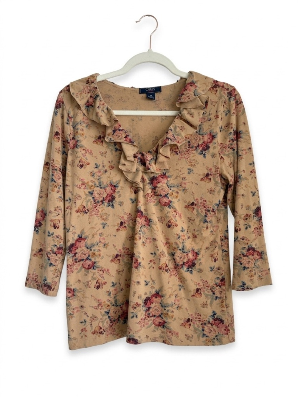 Chaps Floral Cottagecore P Ruffle V-Neck 3/4 Sleeve Top Size M Coastal Cowgirl